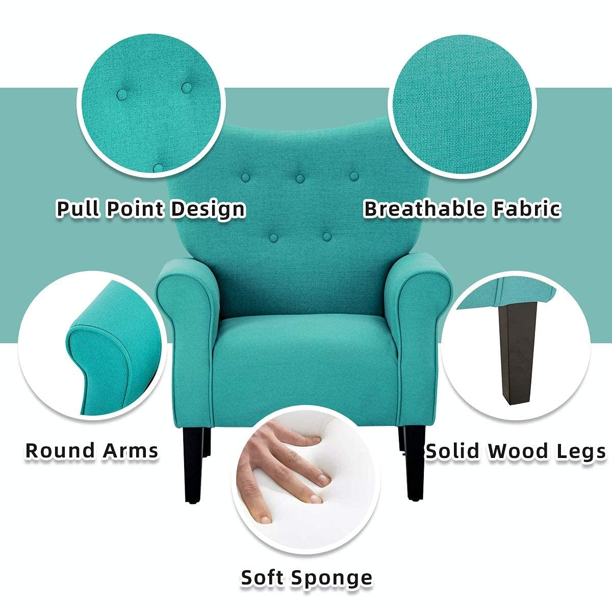 Erommy Fauteuil d'appoint moderne, fauteuil à dossier haut, canapé simple recouvert de tissu avec boutons et pieds en bois pour salon