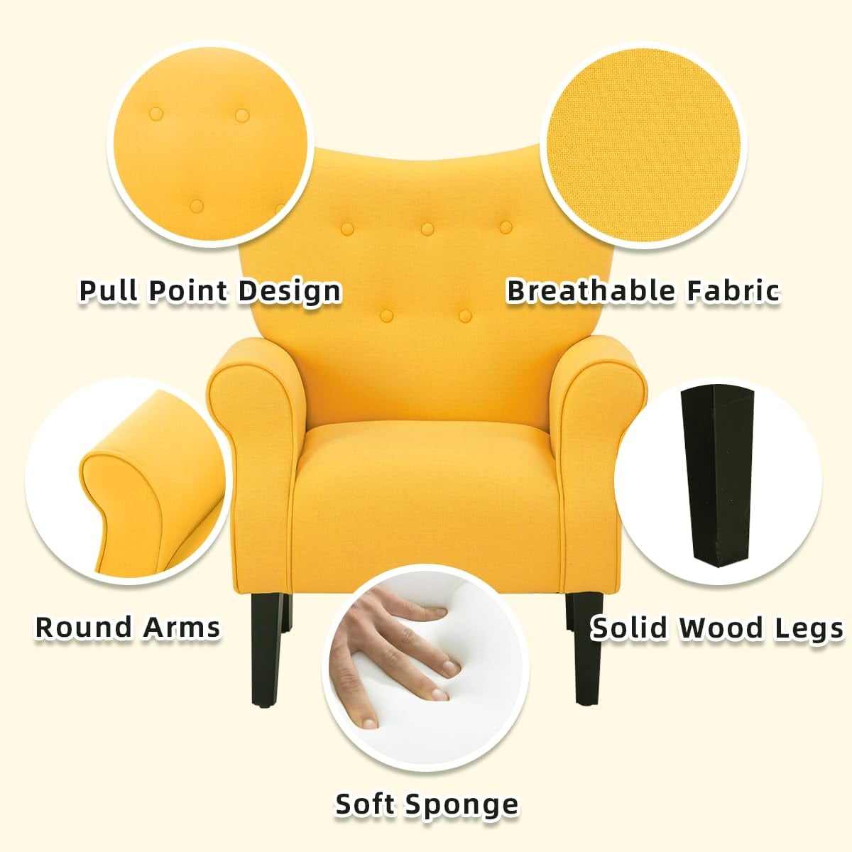 Erommy Fauteuil d'appoint moderne, fauteuil à dossier haut, canapé simple recouvert de tissu avec boutons et pieds en bois pour salon