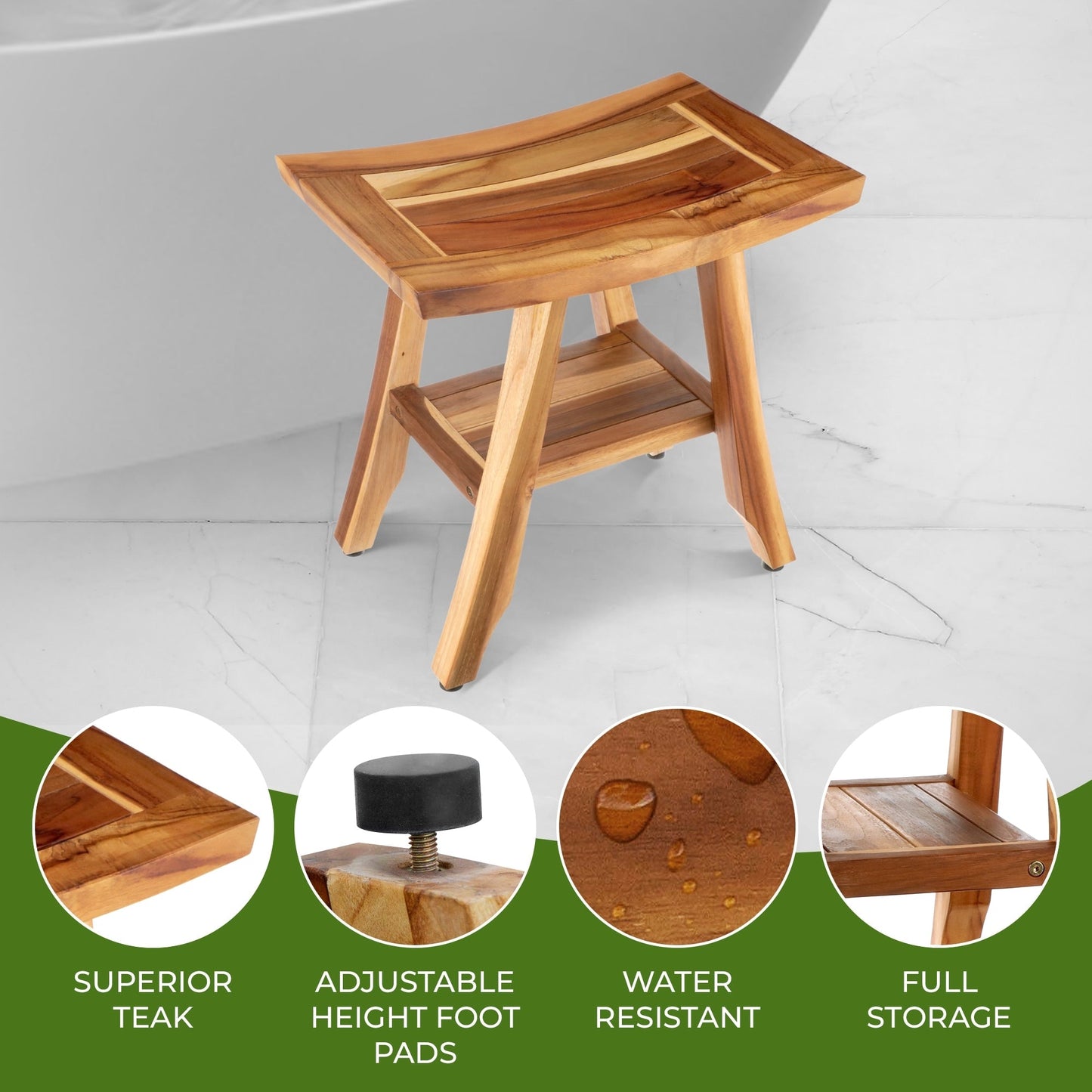 EcoDecors, Banc, Tabouret de Douche, Assise de Douche, Chaise de Douche pour Intérieur de Douche, Petit Banc, Banc de Douche en Teck, Repose-Pieds de Douche