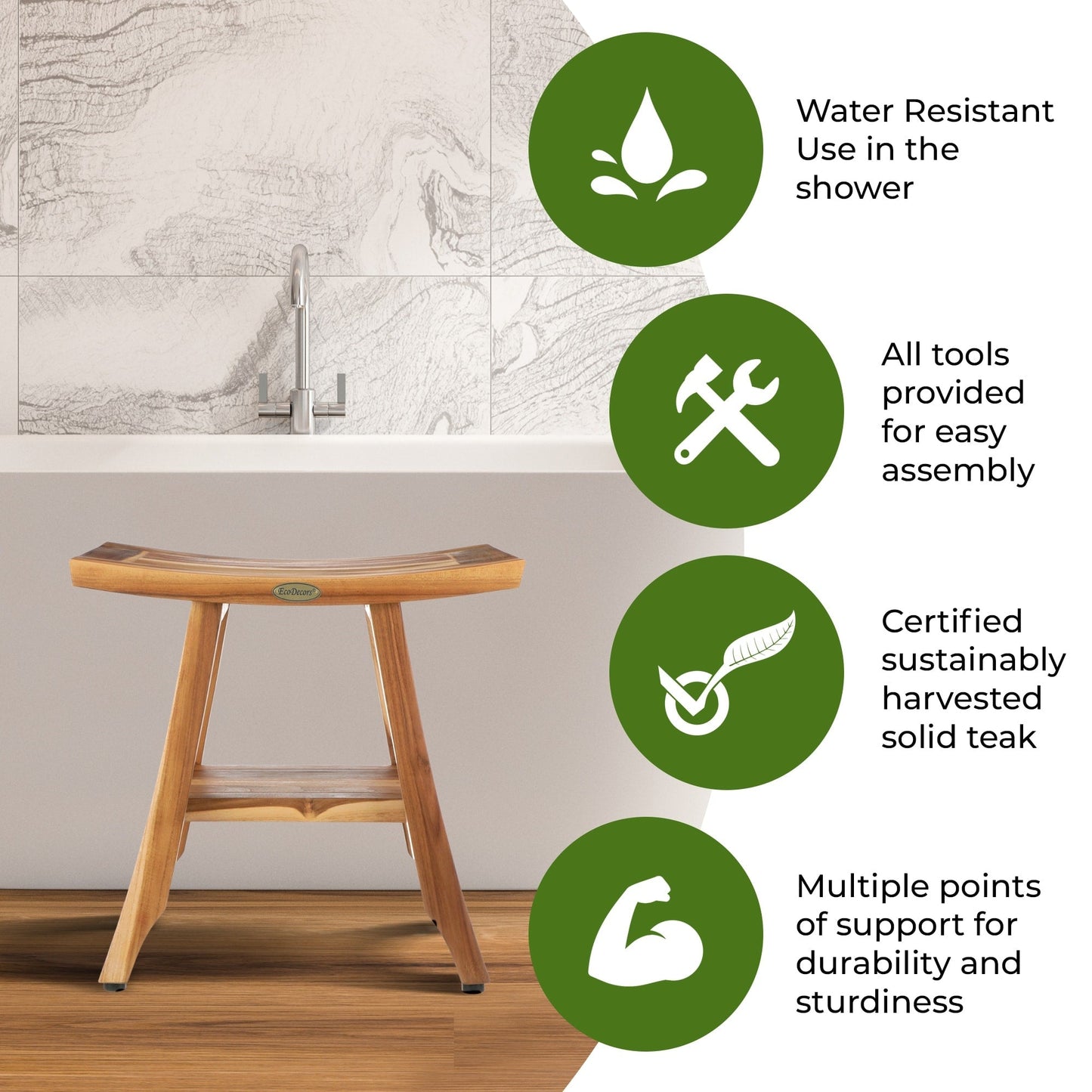 EcoDecors, Banc, Tabouret de Douche, Assise de Douche, Chaise de Douche pour Intérieur de Douche, Petit Banc, Banc de Douche en Teck, Repose-Pieds de Douche