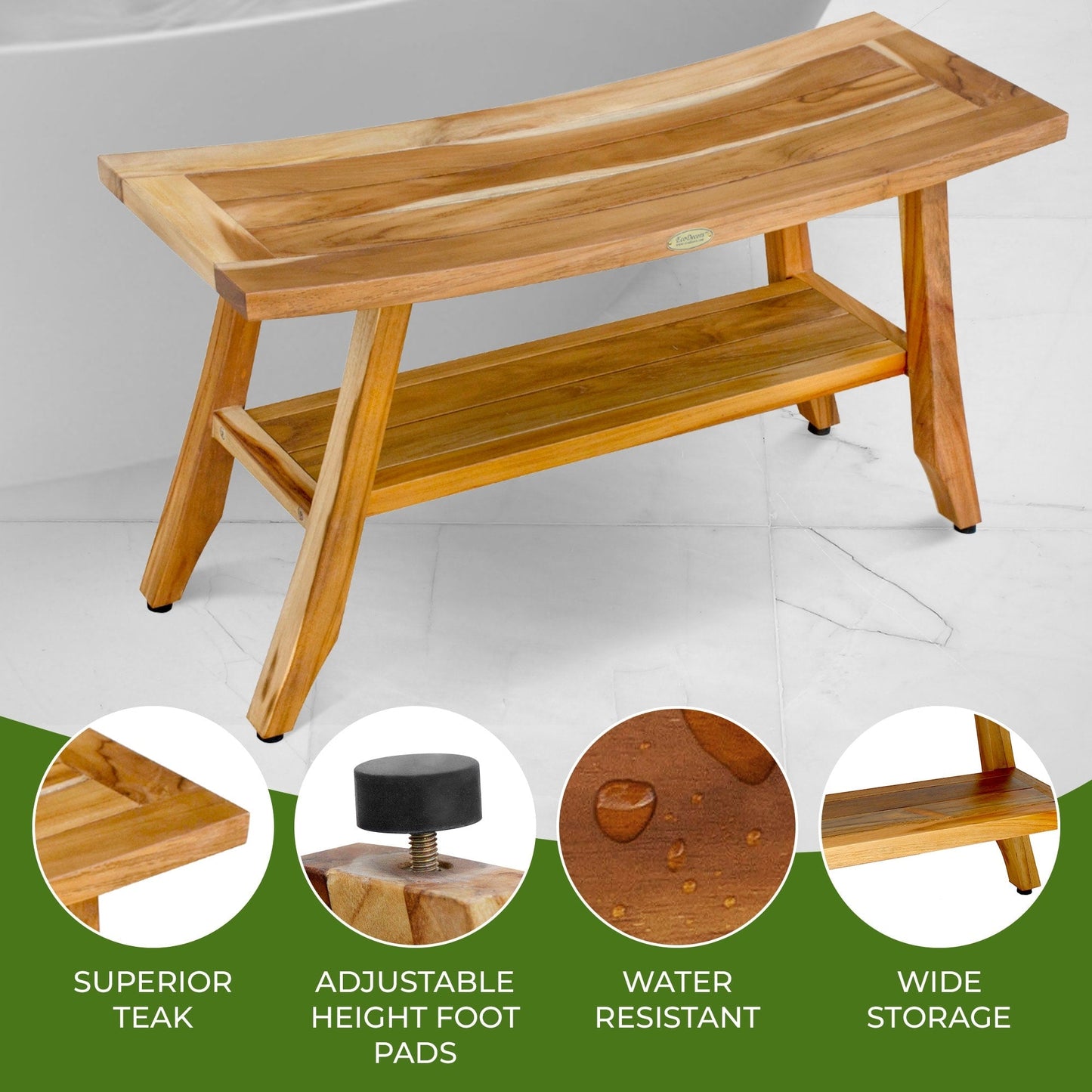 EcoDecors Satori, banc de douche en teck de 86 cm, banc en bois, banc de salle de bain, siège de douche pour adultes, tabouret de douche en teck