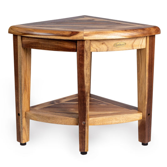 EcoDecors, Snazzy Corner, Banc de douche en teck, Tabouret de douche en teck, Tabouret de douche d'angle, Banc de douche d'angle en teck, Avec étagère