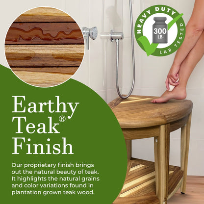 EcoDecors, Snazzy Corner, Banc de douche en teck, Tabouret de douche en teck, Tabouret de douche d'angle, Banc de douche d'angle en teck, Avec étagère