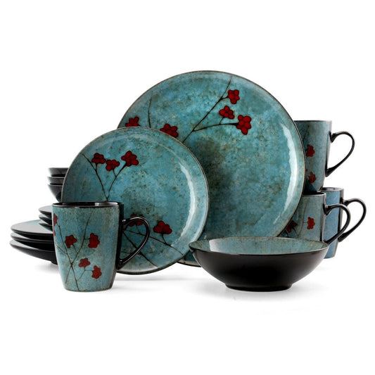 Service de table Elama Floral Accents en grès, 16 pièces, bleu.