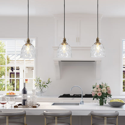 Suspension Elisie, style moderne du milieu du siècle, 1 lumière, verre en cascade, dôme martelé, éclairage pour îlot de cuisine, salle à manger