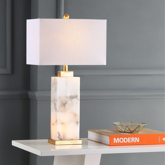 Lampe de table Eloise en albâtre avec LED, 27,5 pouces, blanc/feuille d'or par JONATHAN Y