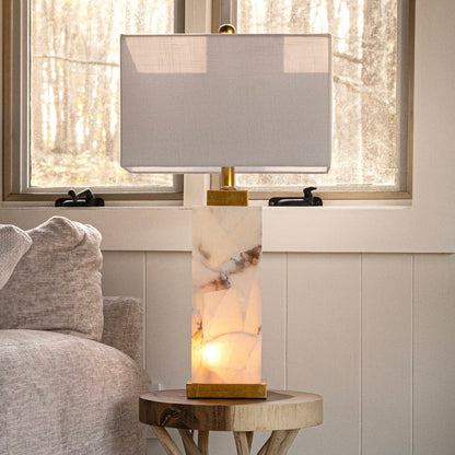 Lampe de table Eloise en albâtre avec LED, 27,5 pouces, blanc/feuille d'or par JONATHAN Y