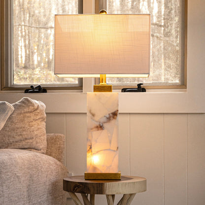 Lampe de table Eloise en albâtre avec LED, 27,5 pouces, blanc/feuille d'or par JONATHAN Y