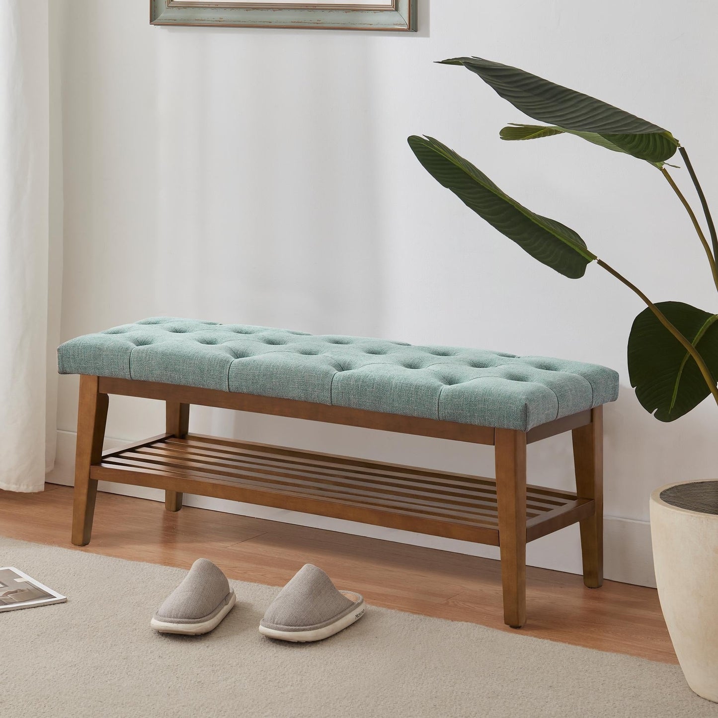 Banc à chaussures d'entrée, banc de rangement, tissu et bois massif, banc rembourré de 109 cm (43 pouces) pour salon, chambres à coucher