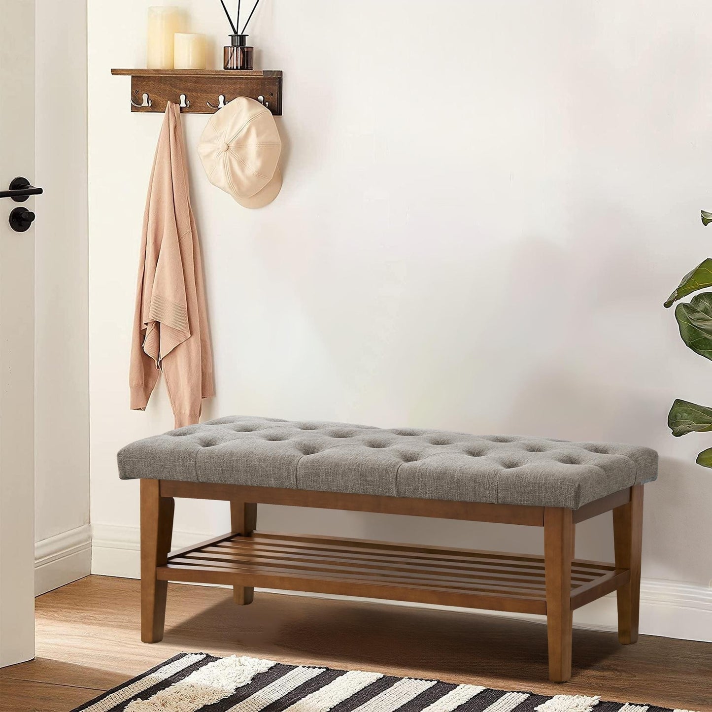 Banc à chaussures d'entrée, banc de rangement, tissu et bois massif, banc rembourré de 109 cm (43 pouces) pour salon, chambres à coucher
