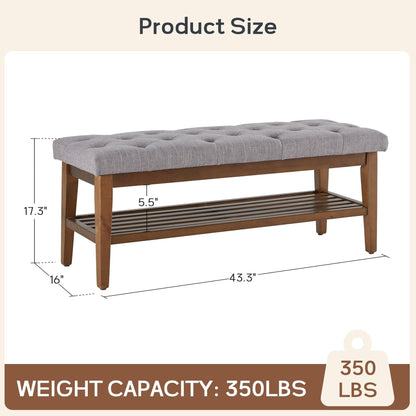 Banc à chaussures d'entrée, banc de rangement, tissu et bois massif, banc rembourré de 109 cm (43 pouces) pour salon, chambres à coucher
