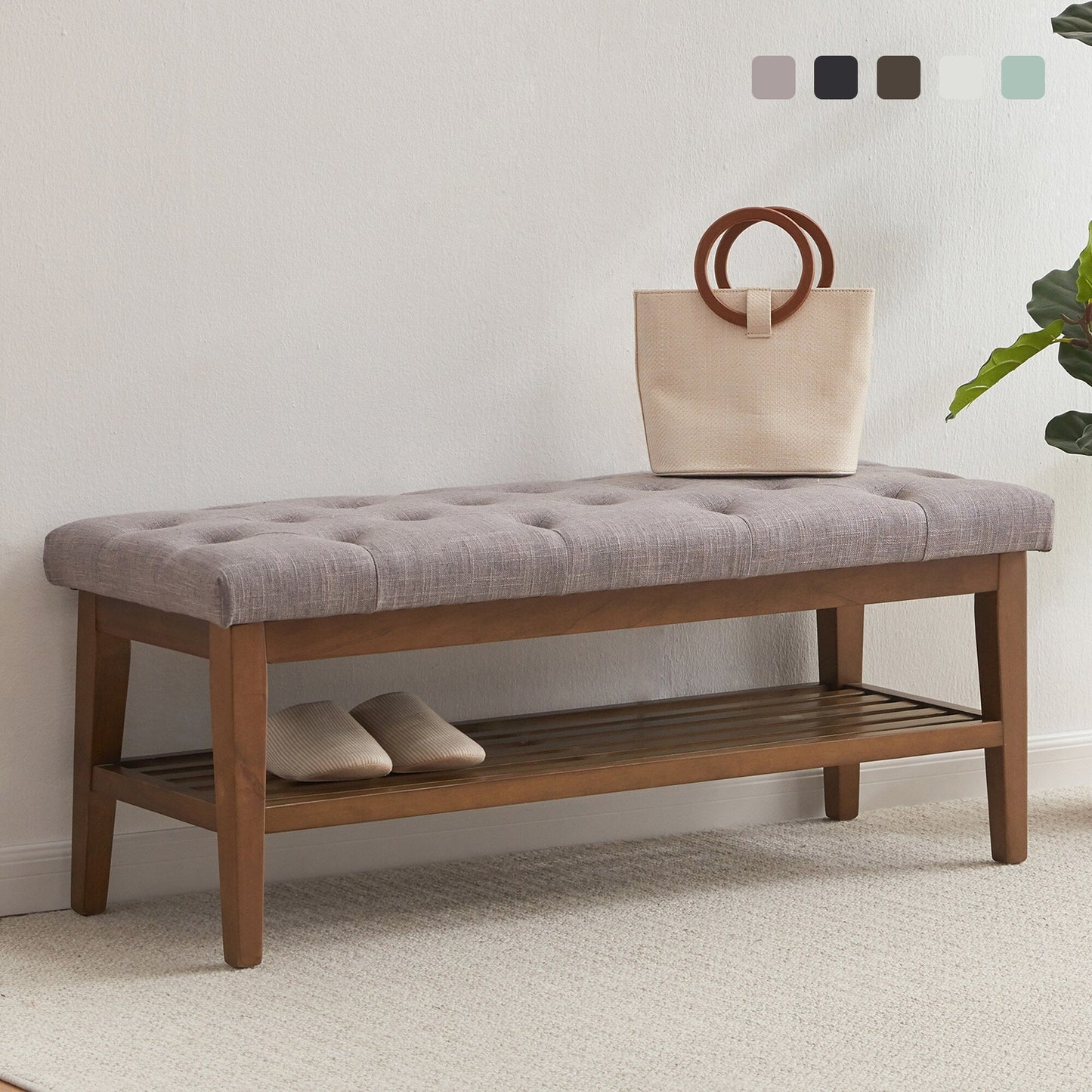 Banc à chaussures d'entrée, banc de rangement, tissu et bois massif, banc rembourré de 109 cm (43 pouces) pour salon, chambres à coucher