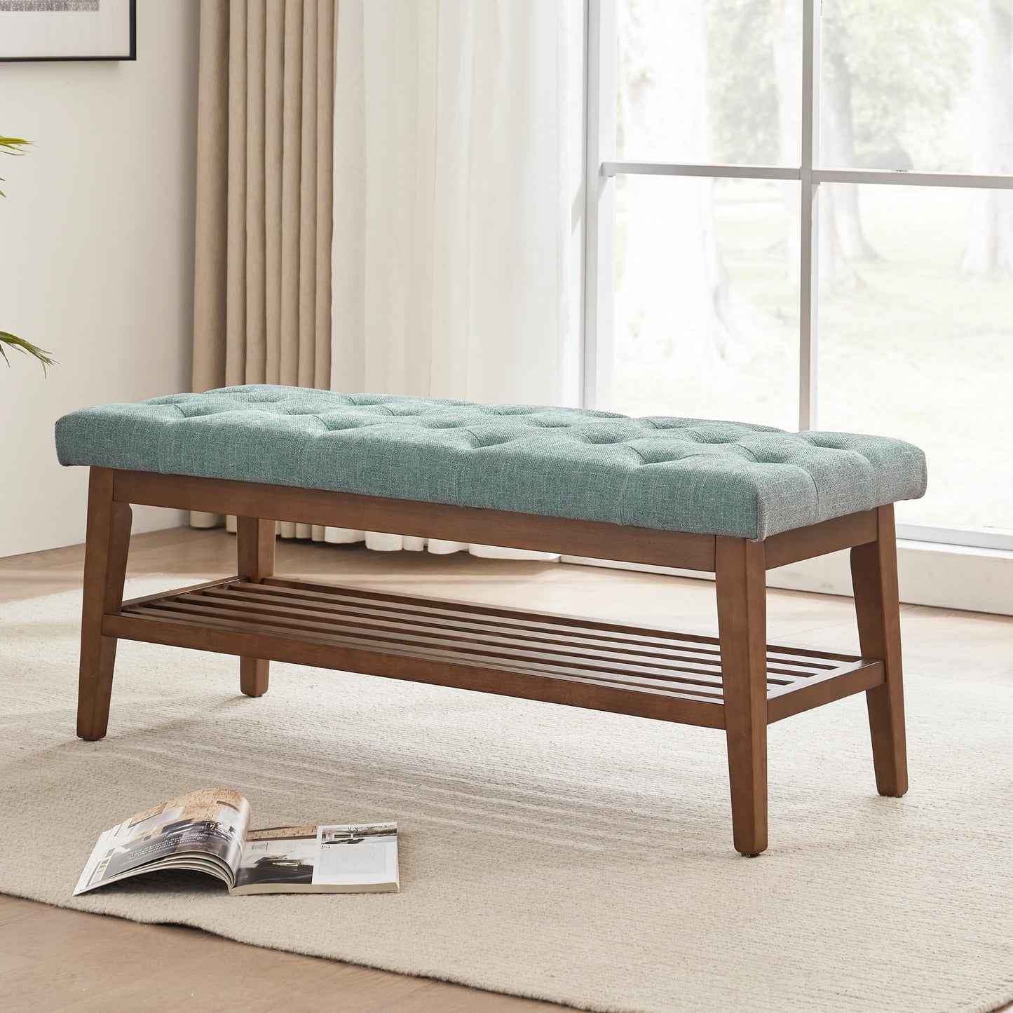 Banc à chaussures d'entrée, banc de rangement, tissu et bois massif, banc rembourré de 109 cm (43 pouces) pour salon, chambres à coucher