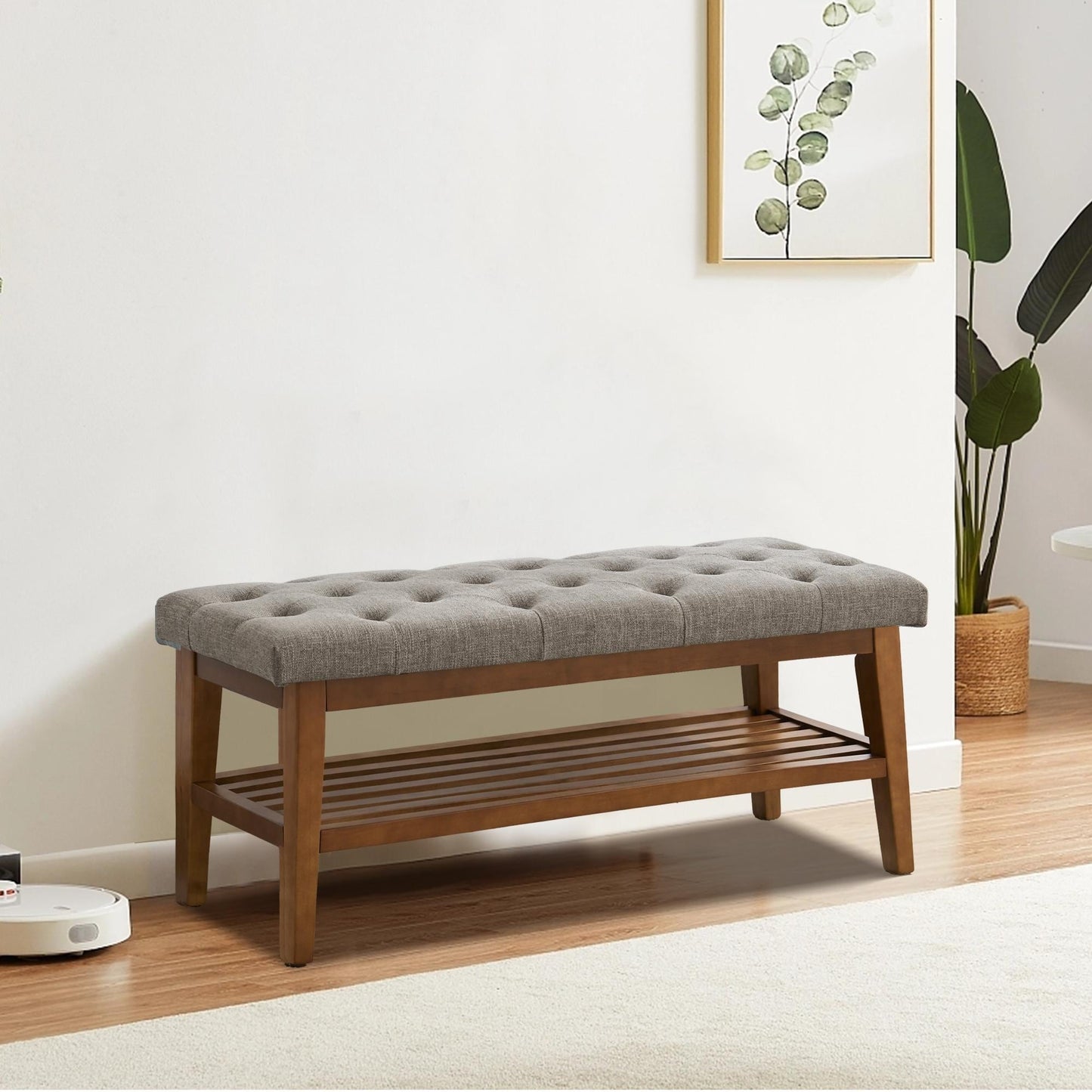 Banc à chaussures d'entrée, banc de rangement, tissu et bois massif, banc rembourré de 109 cm (43 pouces) pour salon, chambres à coucher