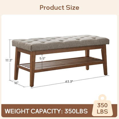 Banc à chaussures d'entrée, banc de rangement, tissu et bois massif, banc rembourré de 109 cm (43 pouces) pour salon, chambres à coucher