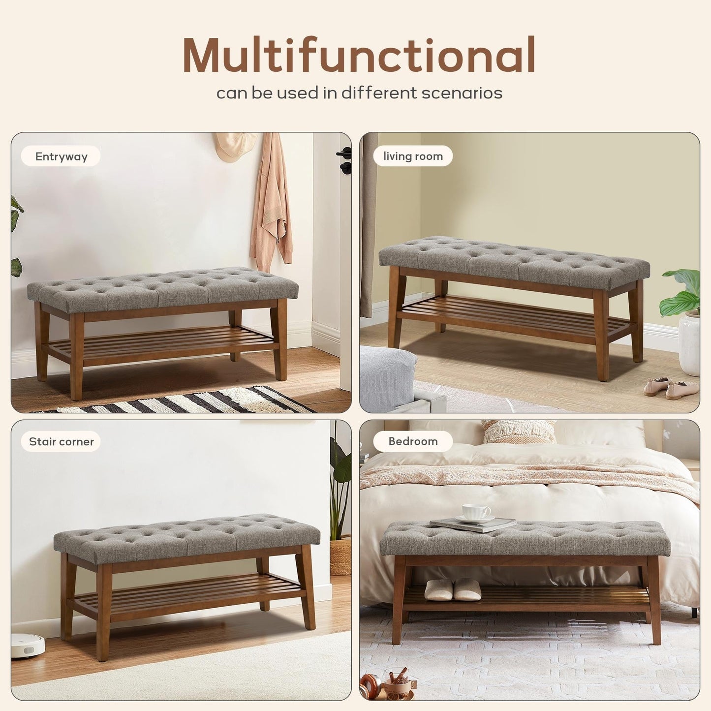 Banc à chaussures d'entrée, banc de rangement, tissu et bois massif, banc rembourré de 109 cm (43 pouces) pour salon, chambres à coucher