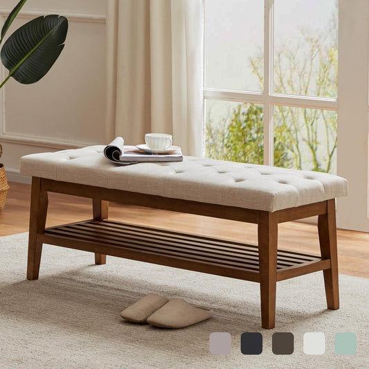 Banc à chaussures d'entrée, banc de rangement, tissu et bois massif, banc rembourré de 109 cm (43 pouces) pour salon, chambres à coucher