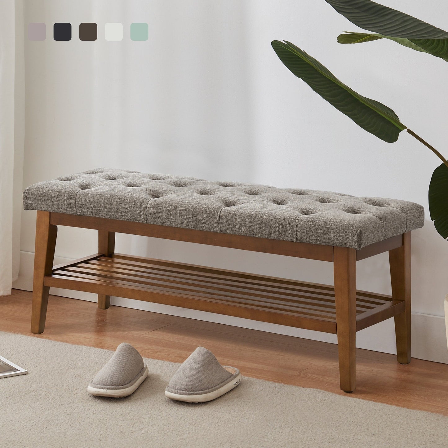 Banc à chaussures d'entrée, banc de rangement, tissu et bois massif, banc rembourré de 109 cm (43 pouces) pour salon, chambres à coucher