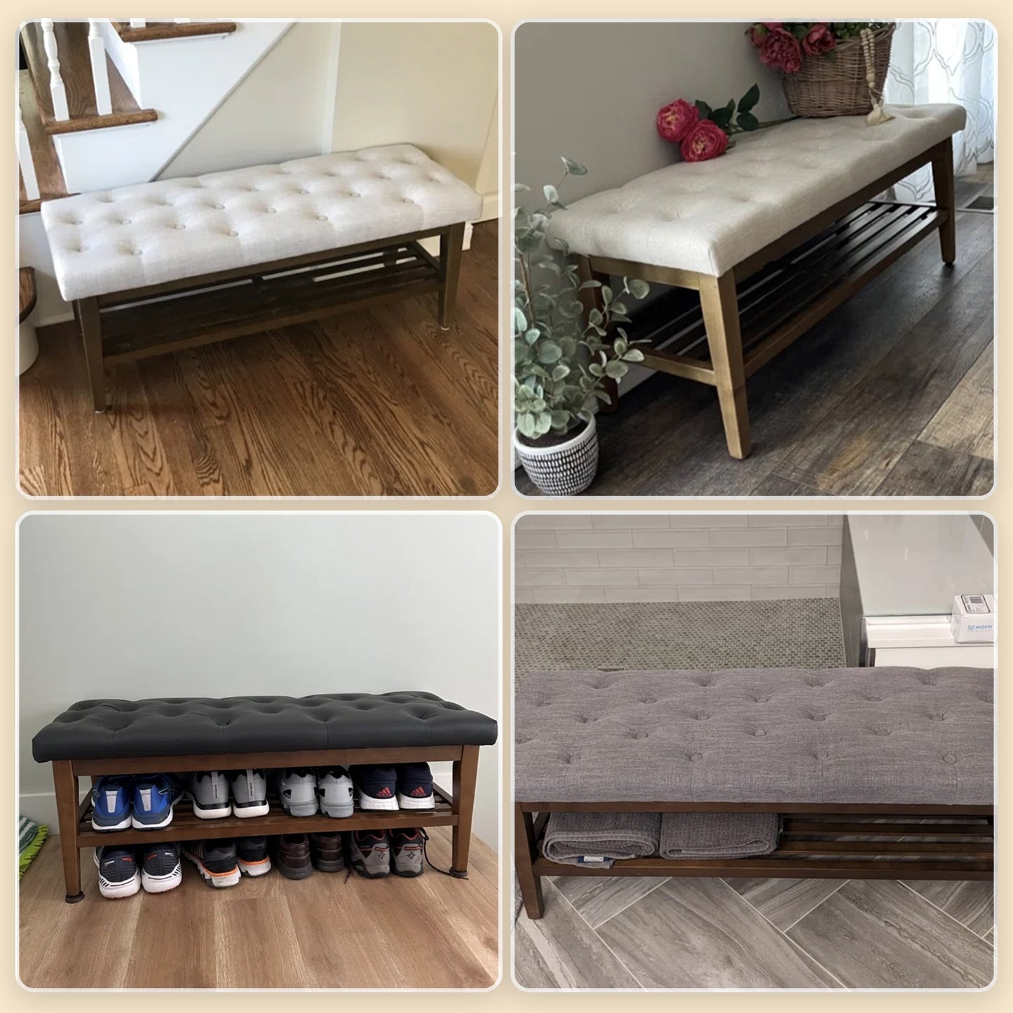 Banc à chaussures d'entrée, banc de rangement, tissu et bois massif, banc rembourré de 109 cm (43 pouces) pour salon, chambres à coucher
