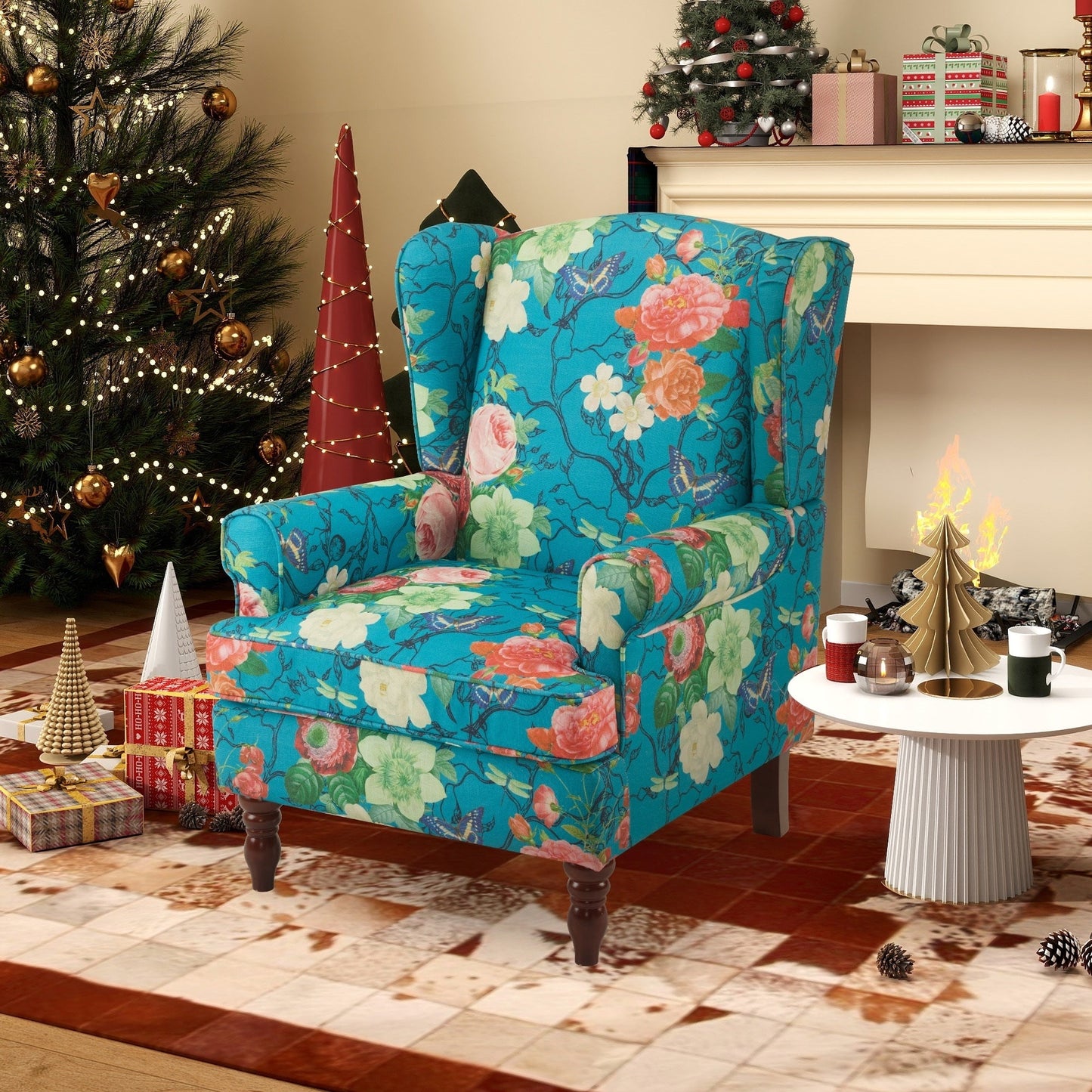 Erommy Fauteuil d'appoint moderne, fauteuil à dossier haut, canapé simple recouvert de tissu avec boutons et pieds en bois pour salon