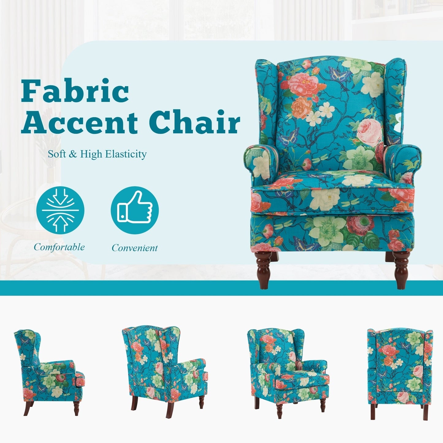 Erommy Fauteuil d'appoint moderne, fauteuil à dossier haut, canapé simple recouvert de tissu avec boutons et pieds en bois pour salon