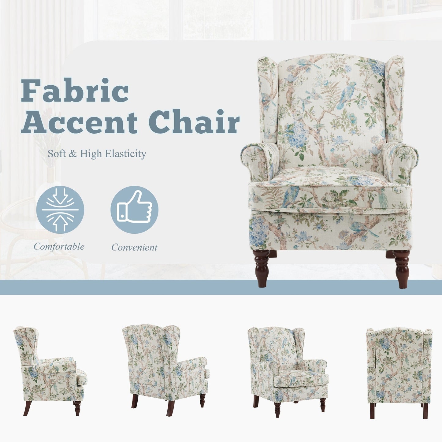 Erommy Fauteuil d'appoint moderne, fauteuil à dossier haut, canapé simple recouvert de tissu avec boutons et pieds en bois pour salon