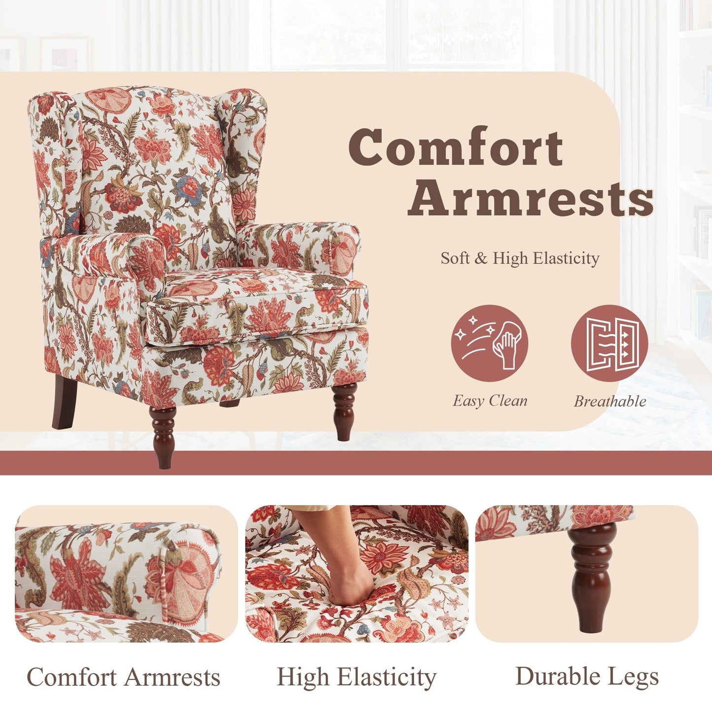 Erommy Fauteuil d'appoint moderne, fauteuil à dossier haut, canapé simple recouvert de tissu avec boutons et pieds en bois pour salon