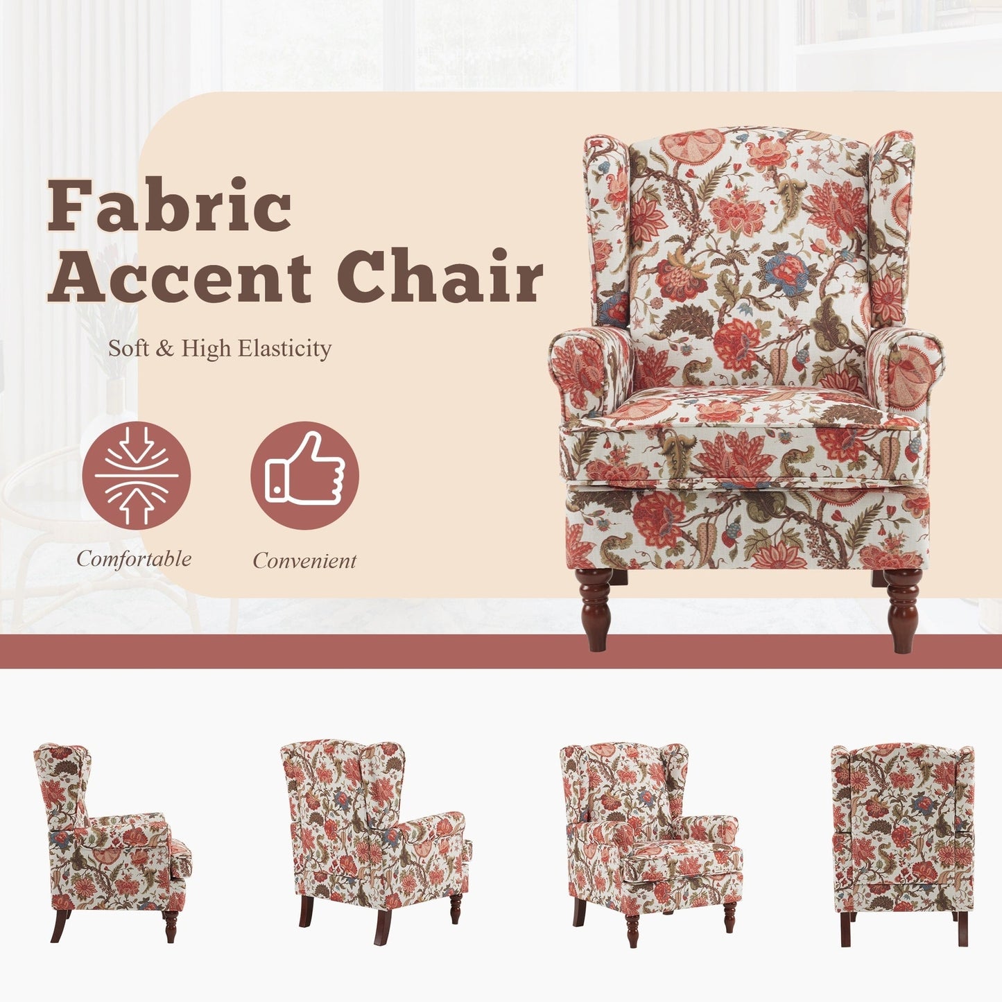 Erommy Fauteuil d'appoint moderne, fauteuil à dossier haut, canapé simple recouvert de tissu avec boutons et pieds en bois pour salon