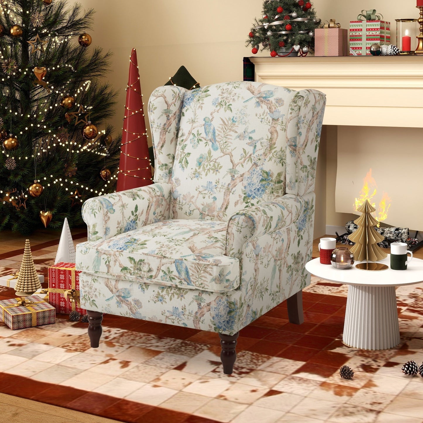 Erommy Fauteuil d'appoint moderne, fauteuil à dossier haut, canapé simple recouvert de tissu avec boutons et pieds en bois pour salon