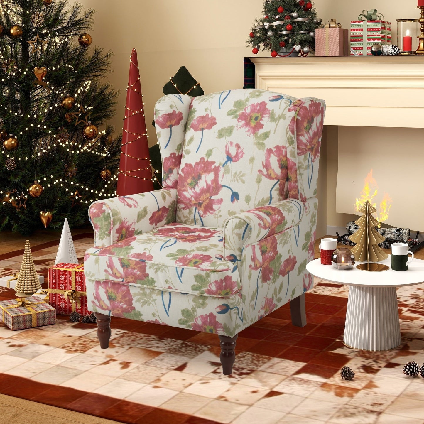 Erommy Fauteuil d'appoint moderne, fauteuil à dossier haut, canapé simple recouvert de tissu avec boutons et pieds en bois pour salon