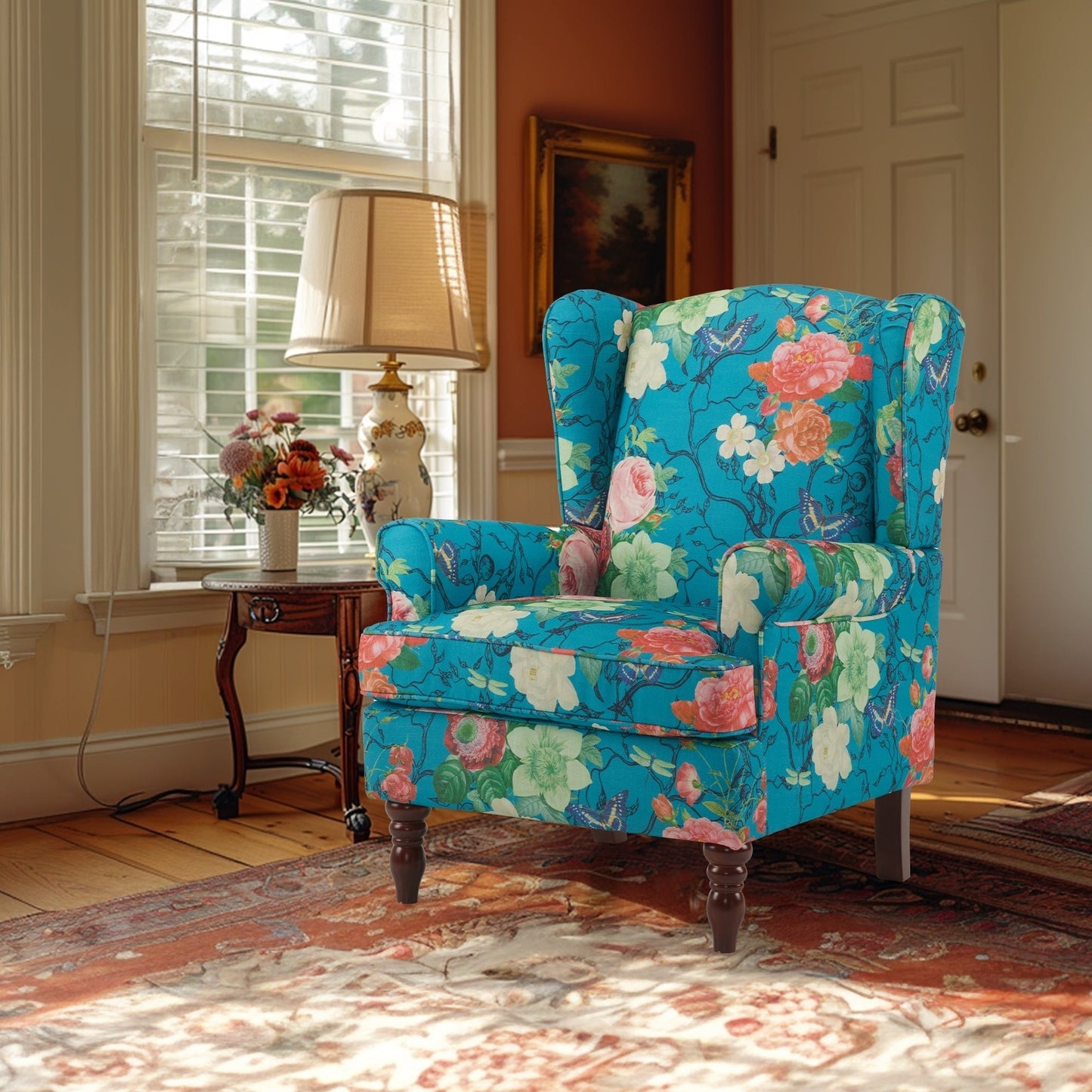Erommy Fauteuil d'appoint moderne, fauteuil à dossier haut, canapé simple recouvert de tissu avec boutons et pieds en bois pour salon