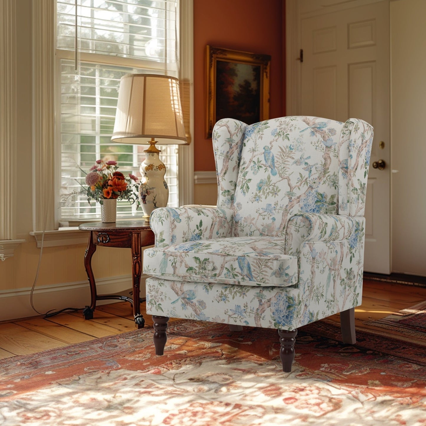 Erommy Fauteuil d'appoint moderne, fauteuil à dossier haut, canapé simple recouvert de tissu avec boutons et pieds en bois pour salon