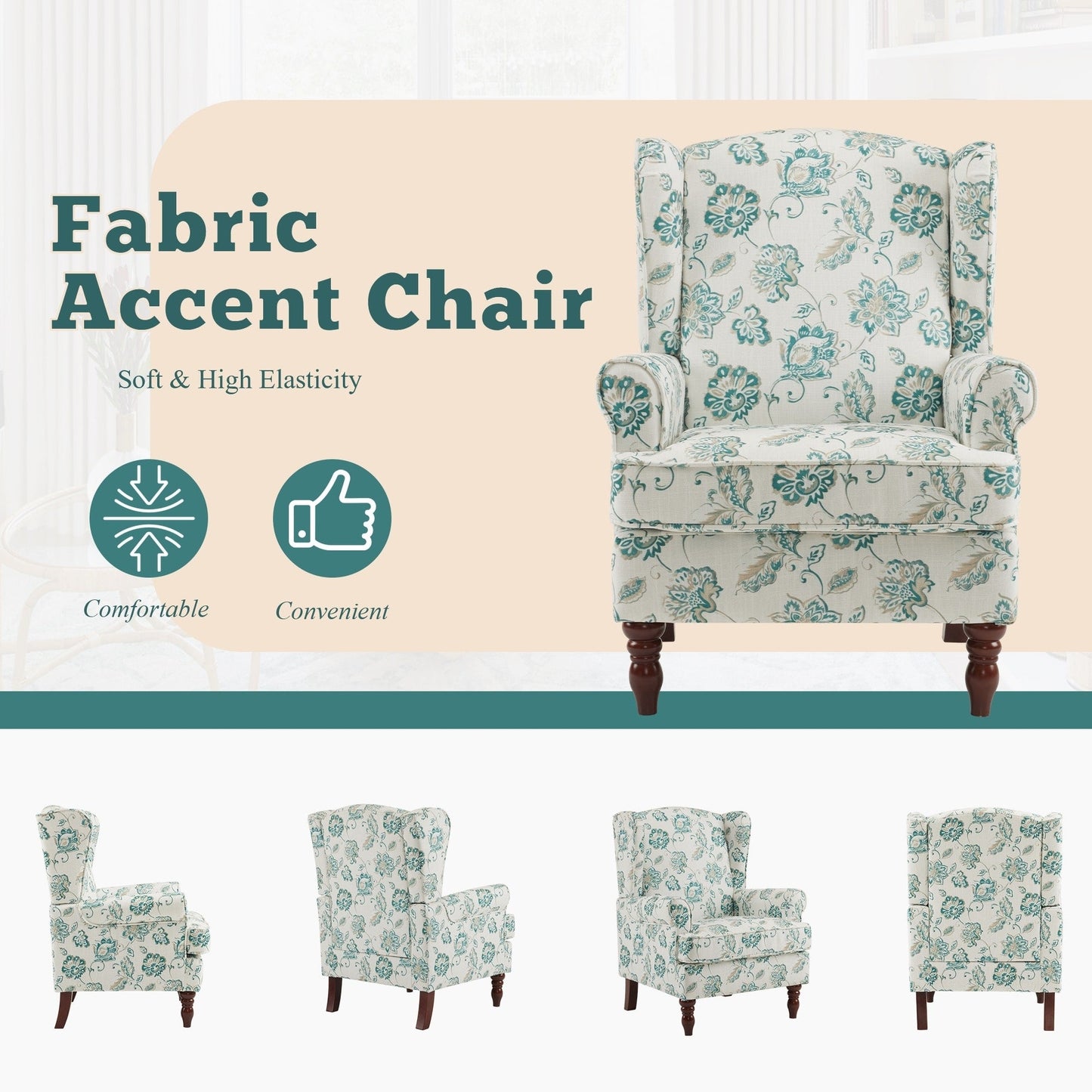 Erommy Fauteuil d'appoint moderne, fauteuil à dossier haut, canapé simple recouvert de tissu avec boutons et pieds en bois pour salon
