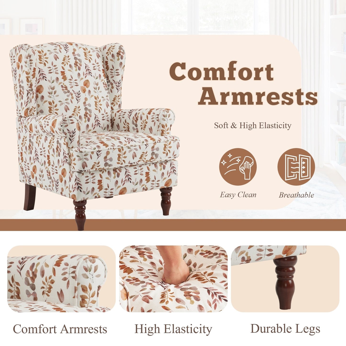 Erommy Fauteuil d'appoint moderne, fauteuil à dossier haut, canapé simple recouvert de tissu avec boutons et pieds en bois pour salon