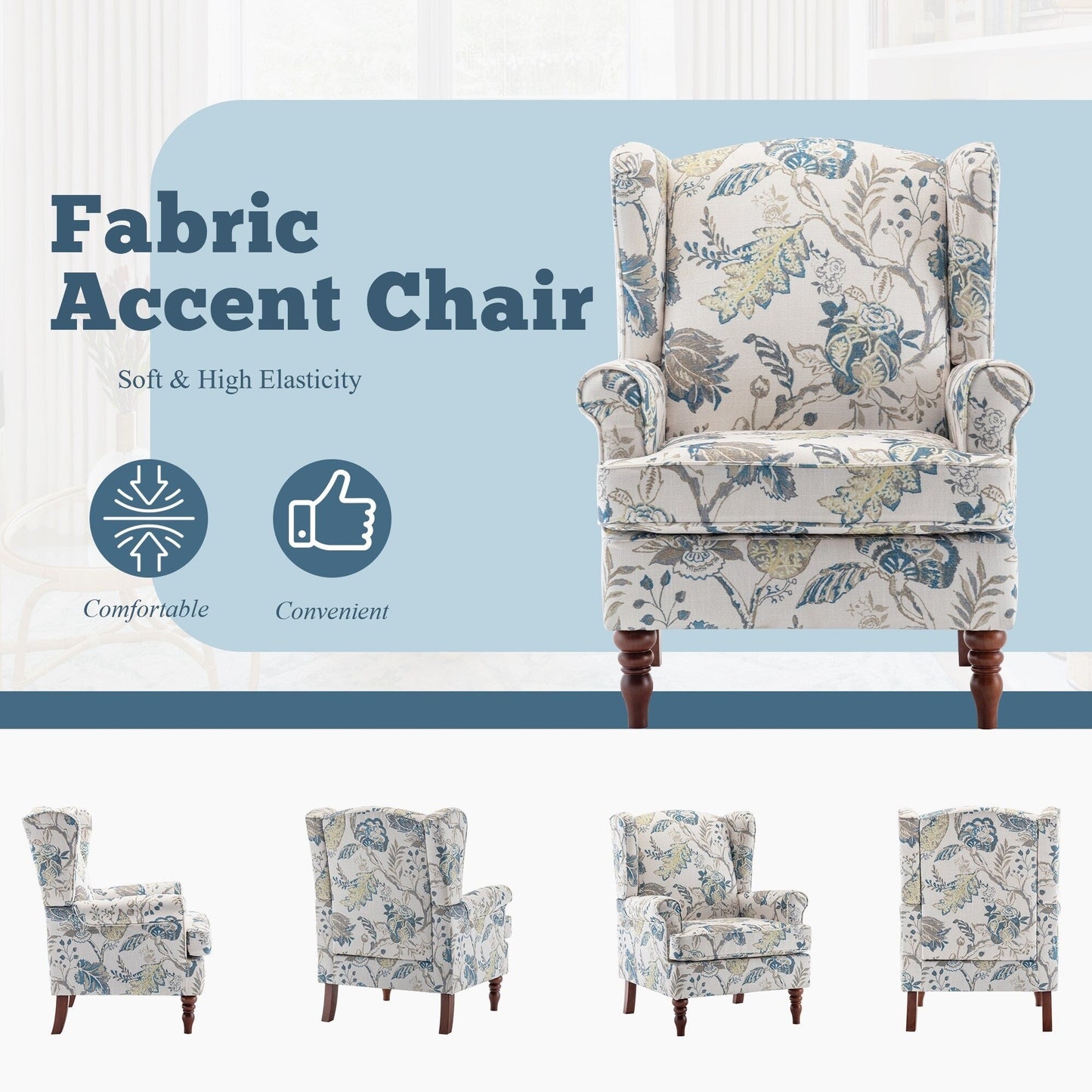Erommy Fauteuil d'appoint moderne, fauteuil à dossier haut, canapé simple recouvert de tissu avec boutons et pieds en bois pour salon