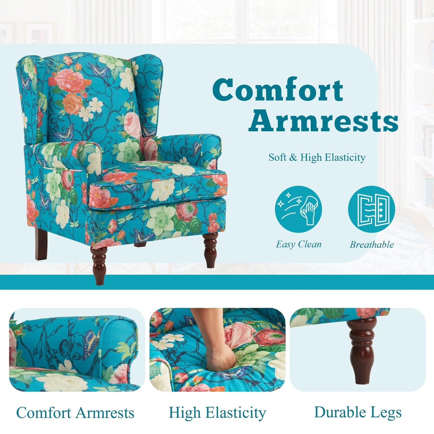 Erommy Fauteuil d'appoint moderne, fauteuil à dossier haut, canapé simple recouvert de tissu avec boutons et pieds en bois pour salon