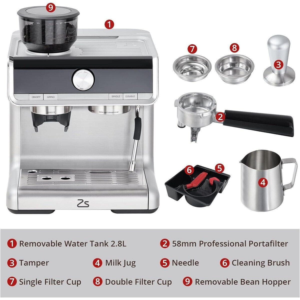 Machine à café expresso, avec broyeur, réservoir d'eau de 2,8 L