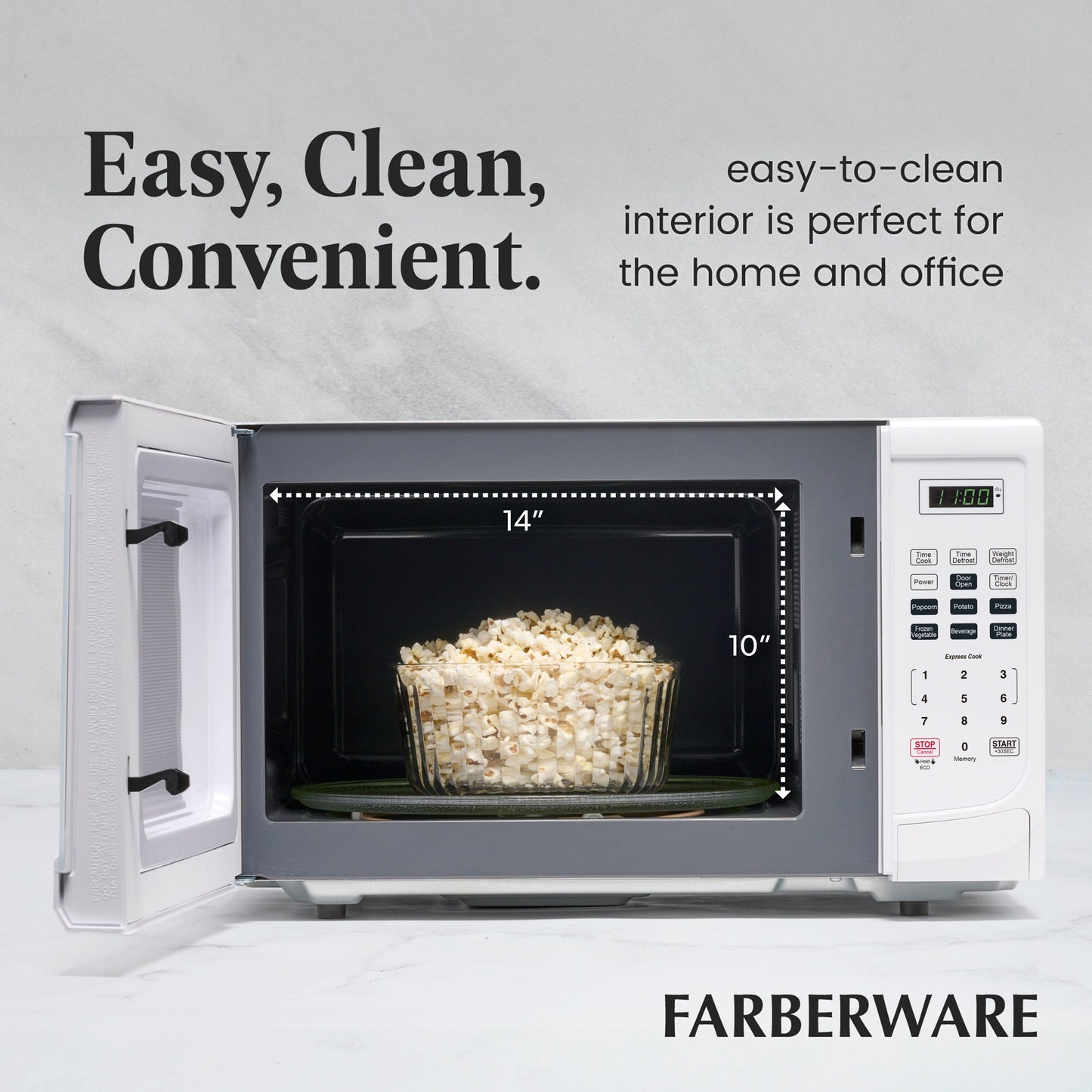 Four à micro-ondes de comptoir Farberware de 1000 watts et 1,1 pi³ avec éclairage LED et verrouillage enfant.