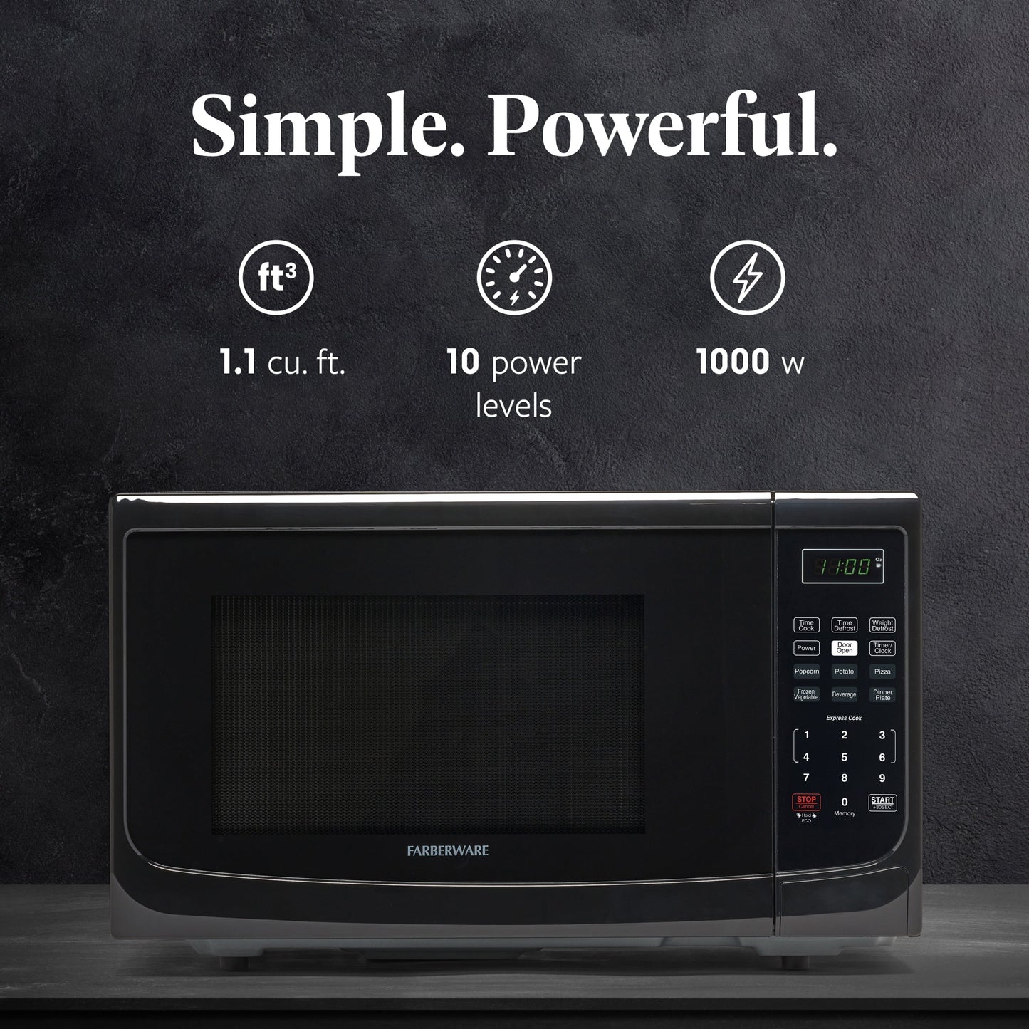 Four à micro-ondes de comptoir Farberware de 1000 watts et 1,1 pi³ avec éclairage LED et verrouillage enfant.