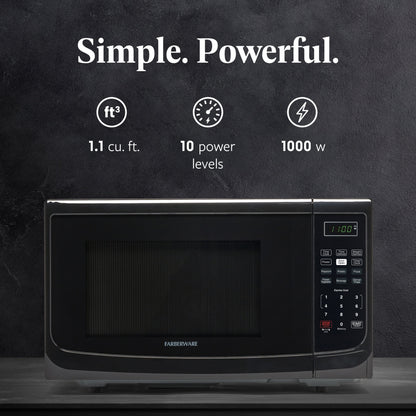 Four à micro-ondes de comptoir Farberware de 1000 watts et 1,1 pi³ avec éclairage LED et verrouillage enfant.