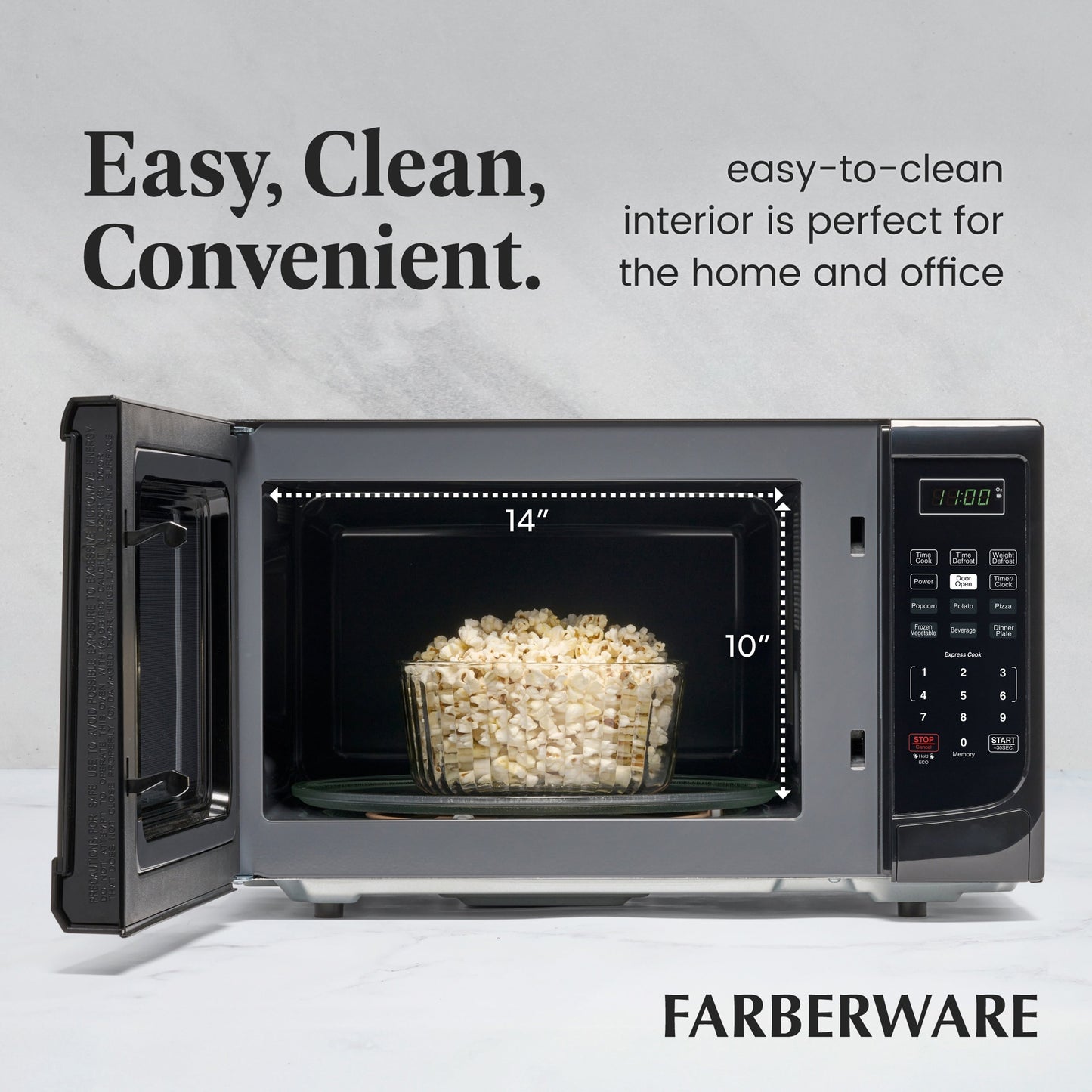 Four à micro-ondes de comptoir Farberware de 1000 watts et 1,1 pi³ avec éclairage LED et verrouillage enfant.