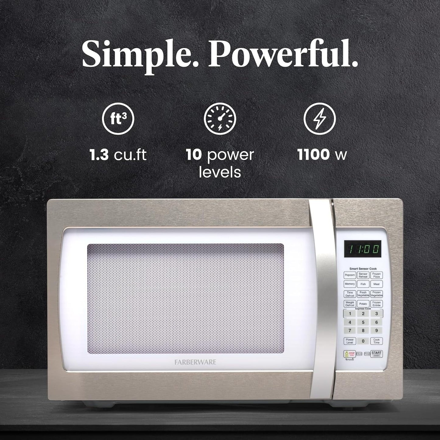 Four à micro-ondes Farberware Professional de 1,3 pi³ et de 1100 watts avec fonction de cuisson intelligente à détecteur, blanc et platine