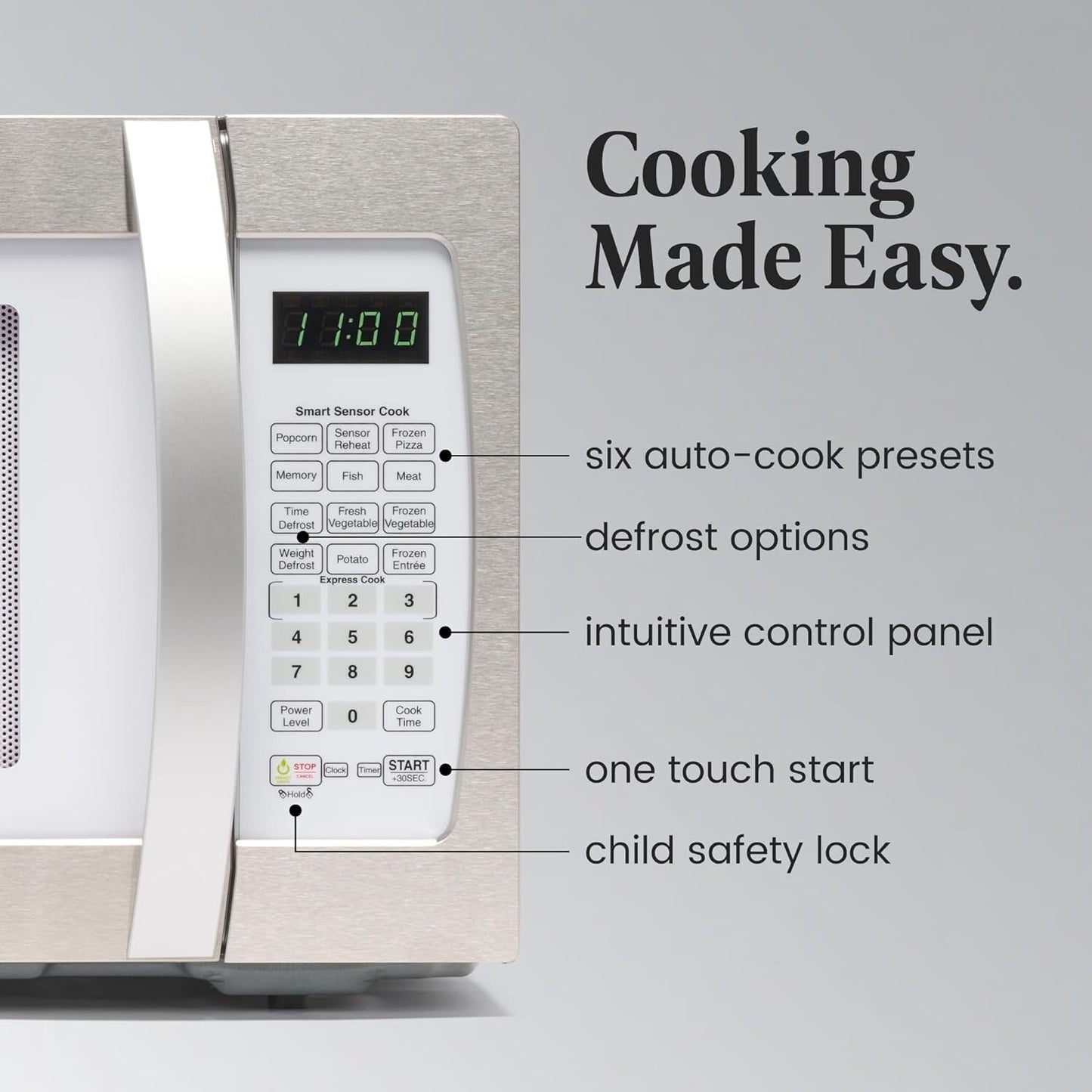 Four à micro-ondes Farberware Professional de 1,3 pi³ et de 1100 watts avec fonction de cuisson intelligente à détecteur, blanc et platine
