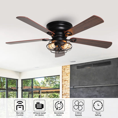 Ventilateur de plafond à 5 pales en bois de 122 cm (48 pouces) à montage encastré, style rustique, noir, avec télécommande et kit d'éclairage.