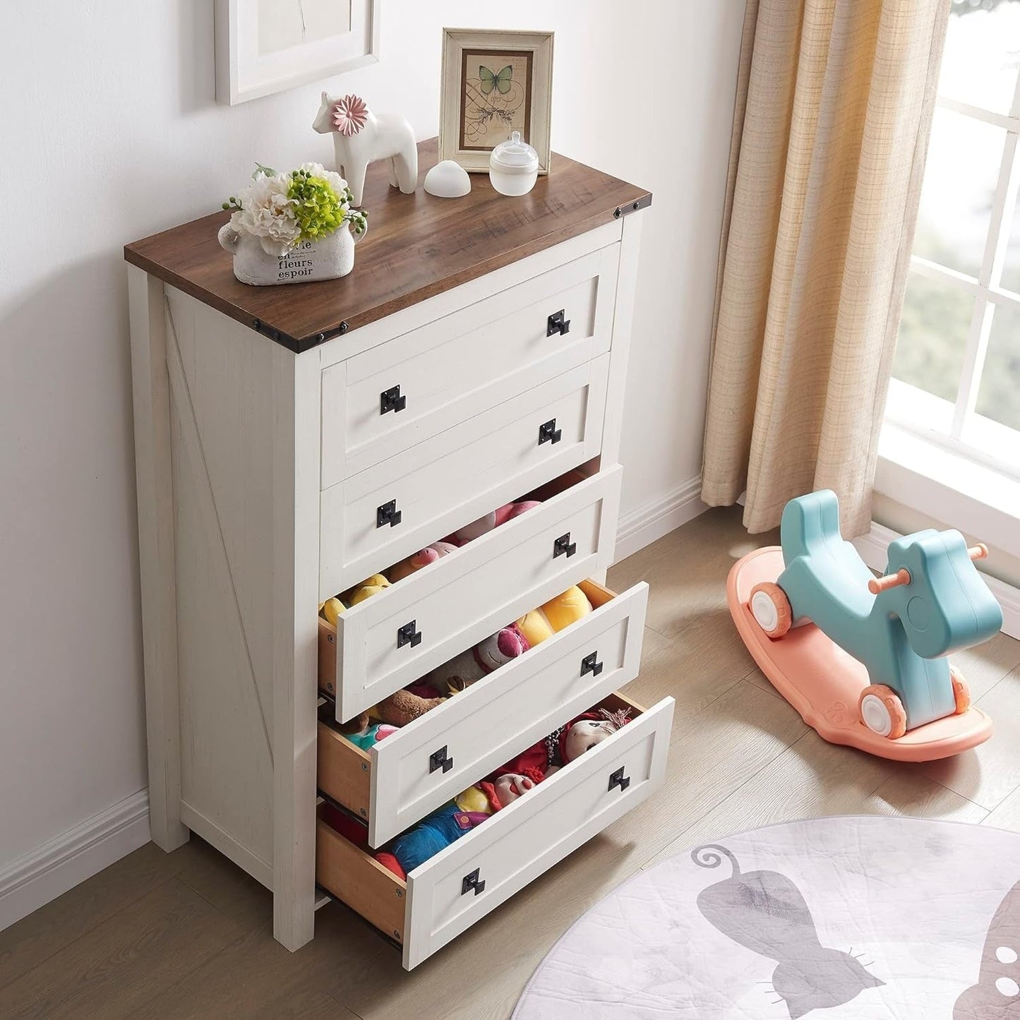 Commode haute de style farmhouse à 5 tiroirs, 48 pouces, en bois, pour chambre à coucher