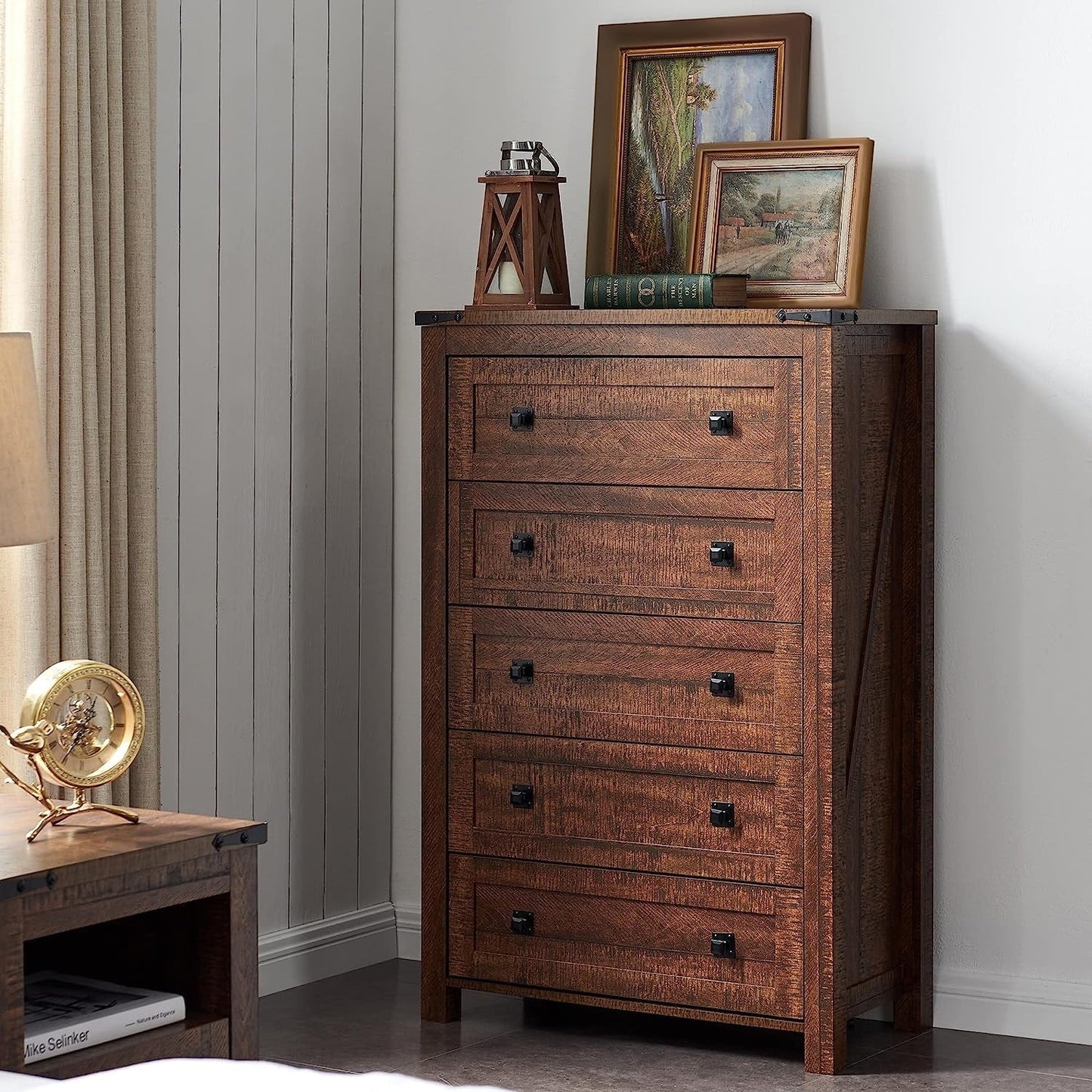 Commode haute de style farmhouse à 5 tiroirs, 48 pouces, en bois, pour chambre à coucher