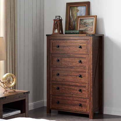 Commode haute de style farmhouse à 5 tiroirs, 48 pouces, en bois, pour chambre à coucher