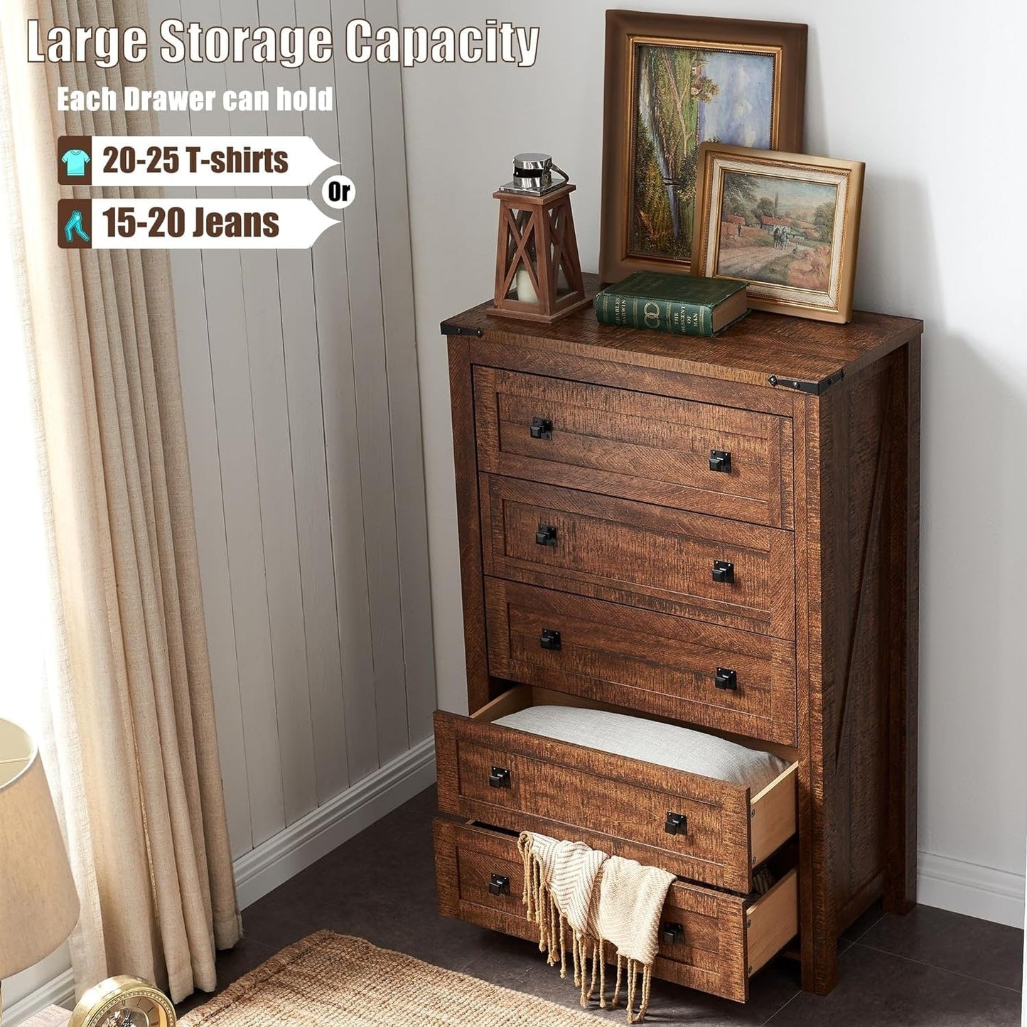 Commode haute de style farmhouse à 5 tiroirs, 48 pouces, en bois, pour chambre à coucher