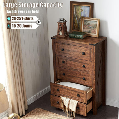 Commode haute de style farmhouse à 5 tiroirs, 48 pouces, en bois, pour chambre à coucher