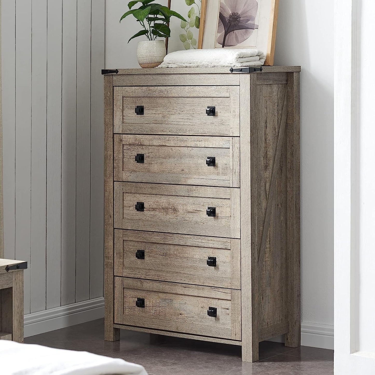 Commode haute de style farmhouse à 5 tiroirs, 48 pouces, en bois, pour chambre à coucher